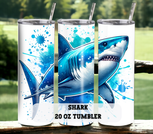 Shark 20 oz Skinny Tumbler with Straw - Stainless Steel, Eco-Friendly, Reusable Metal Straw - Lid Drink Drinkware Water Bottles