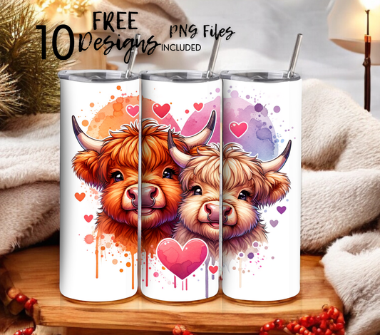 Highland Cow Hearts 20 oz Skinny Tumbler Sublimation Design - PNG Instant  - DIGITAL DOWNLOAD