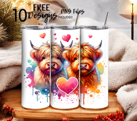 Highland Cow Hearts 20 oz Skinny Tumbler Sublimation Design - PNG Instant  - DIGITAL DOWNLOAD