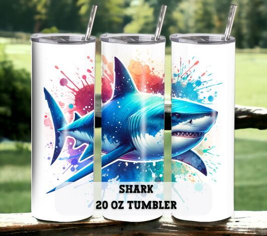 Shark 20 oz Skinny Tumbler with Straw - Stainless Steel, Eco-Friendly, Reusable Metal Straw - Lid Drink Drinkware Water Bottles