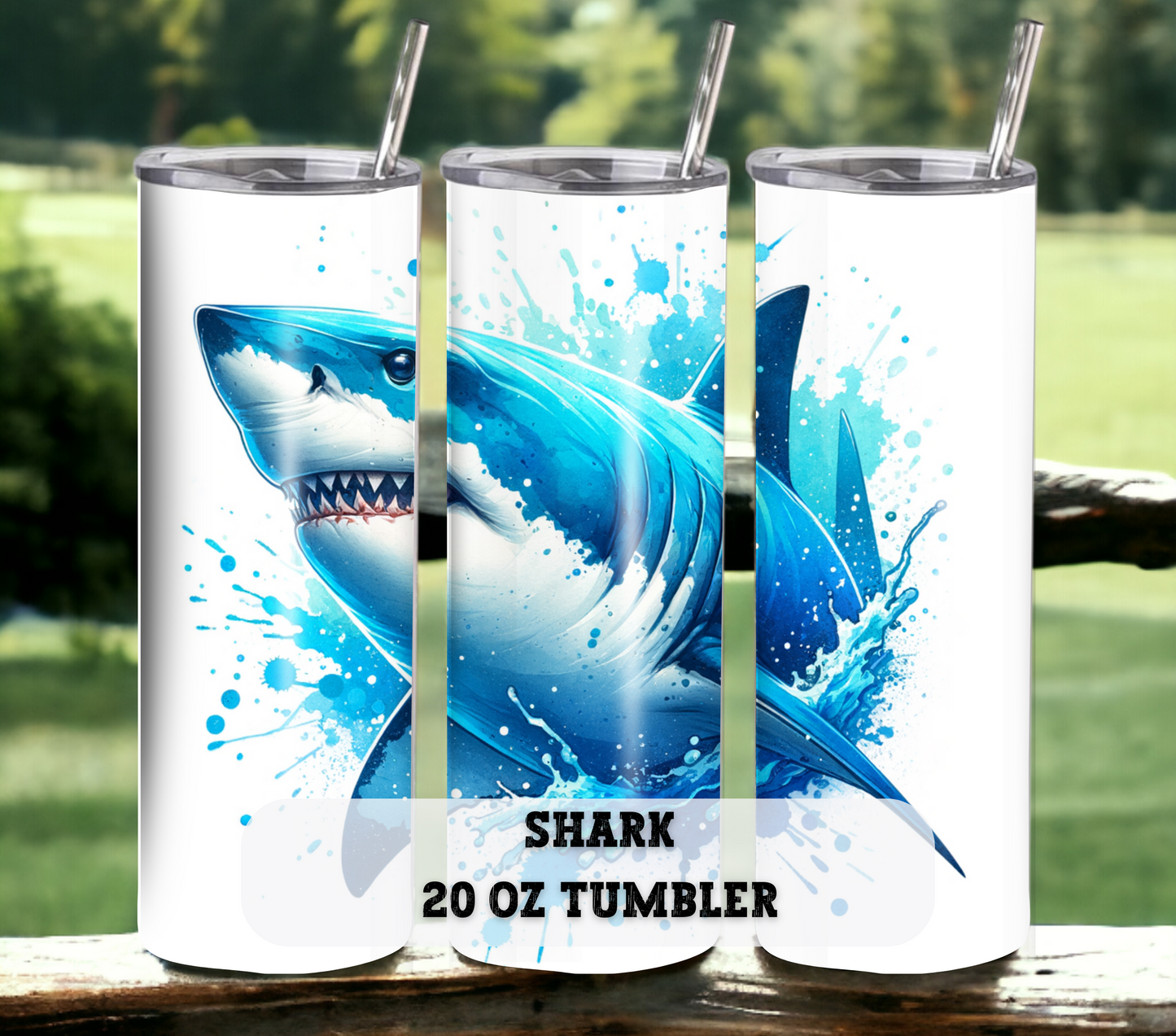 Shark 20 oz Skinny Tumbler with Straw - Stainless Steel, Eco-Friendly, Reusable Metal Straw - Lid Drink Drinkware Water Bottles