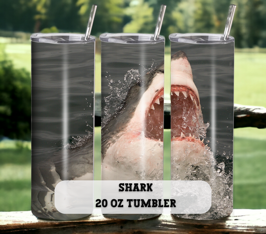 Shark 20 oz Skinny Tumbler with Straw - Stainless Steel, Eco-Friendly, Reusable Metal Straw - Lid Drink Drinkware Water Bottles