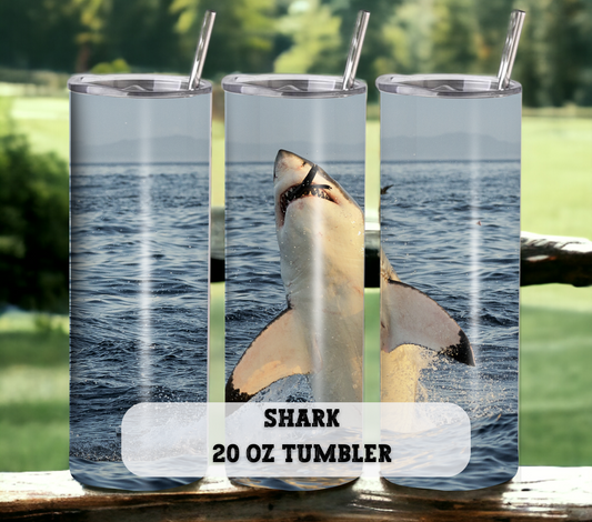 Shark 20 oz Skinny Tumbler with Straw - Stainless Steel, Eco-Friendly, Reusable Metal Straw - Lid Drink Drinkware Water Bottles