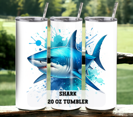 Shark 20 oz Skinny Tumbler with Straw - Stainless Steel, Eco-Friendly, Reusable Metal Straw - Lid Drink Drinkware Water Bottles