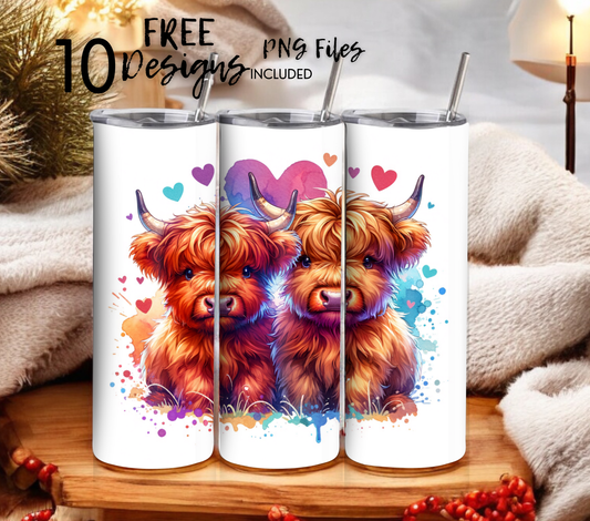 Highland Cow Hearts 20 oz Skinny Tumbler Sublimation Design - PNG Instant  - DIGITAL DOWNLOAD