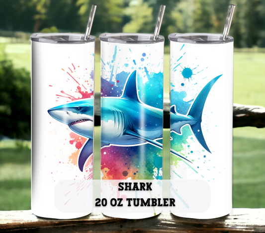 Shark 20 oz Skinny Tumbler with Straw - Stainless Steel, Eco-Friendly, Reusable Metal Straw - Lid Drink Drinkware Water Bottles