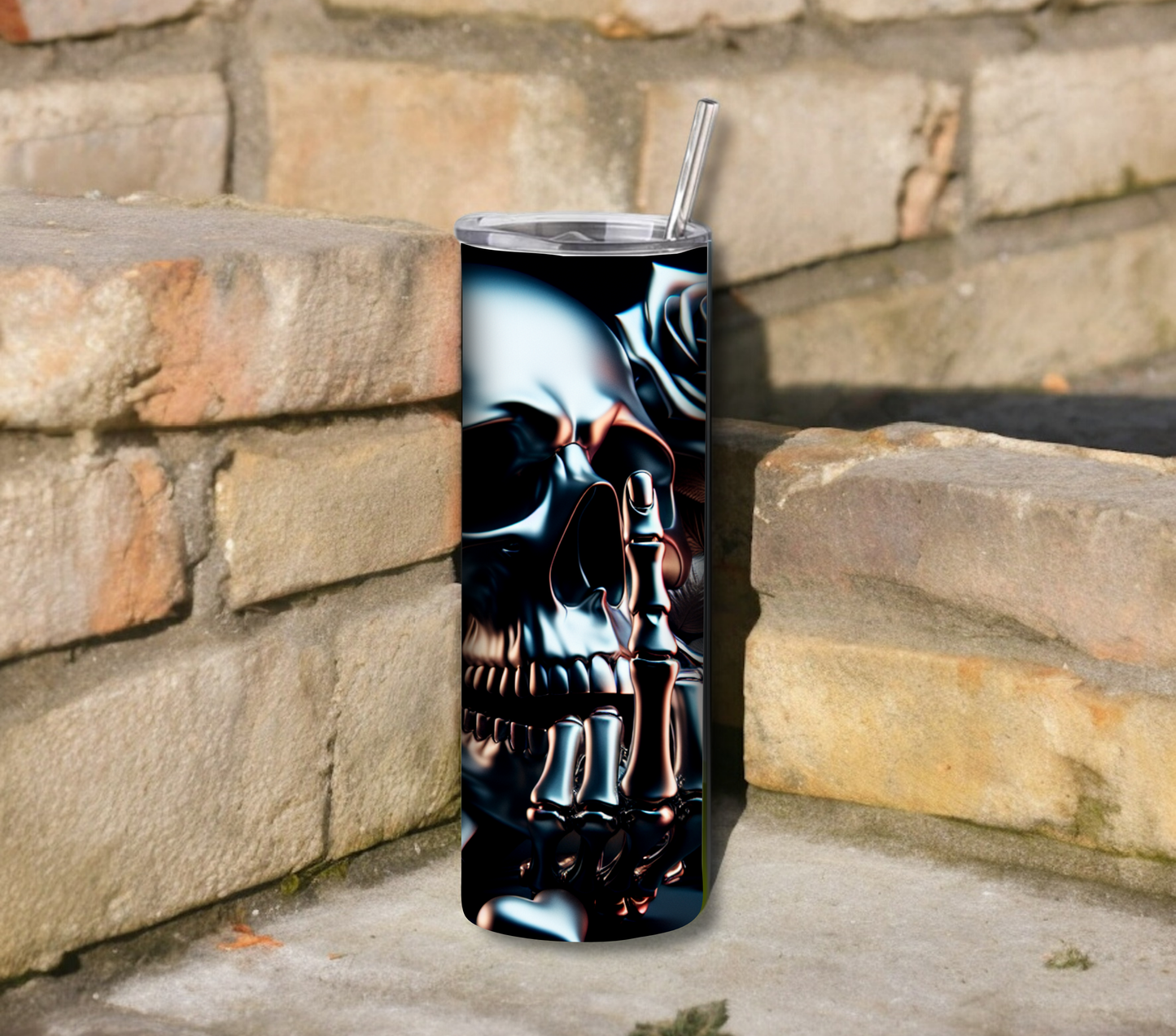 Funny Middle Finger Skull 20 oz Skinny Tumbler with Straw - Stainless Steel, Eco-Friendly, Reusable Metal Straw - Lid Drink Drinkware Water Bottles