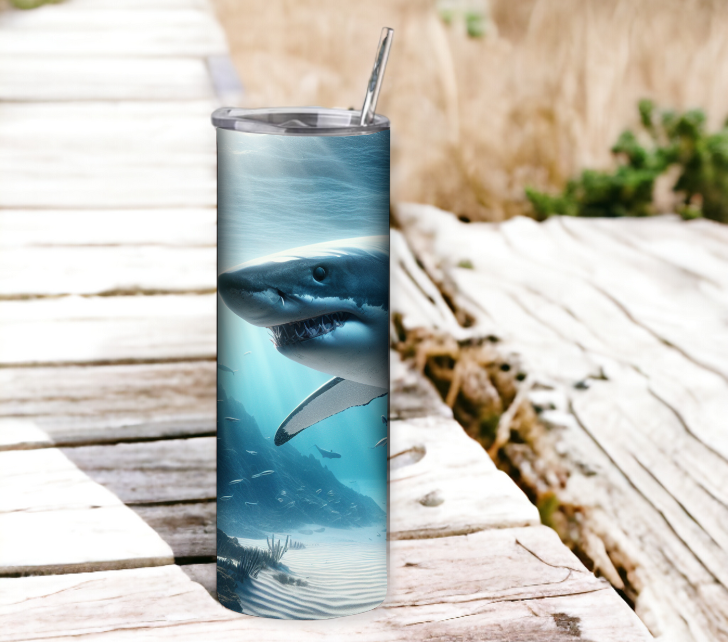 Shark 20 oz Skinny Tumbler with Straw - Stainless Steel, Eco-Friendly, Reusable Metal Straw - Lid Drink Drinkware Water Bottles