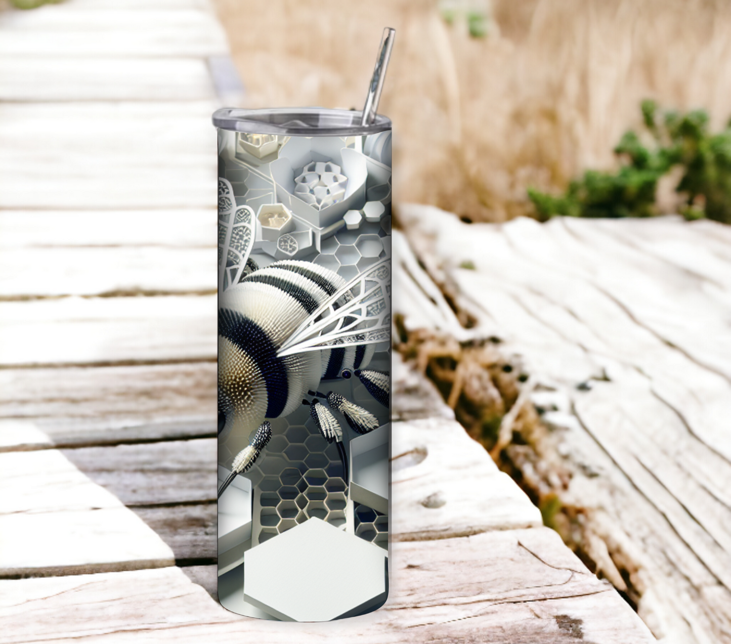 3D Bee with Honeycomb 20 oz Skinny Tumbler with Straw - Stainless Steel, Eco-Friendly, Reusable Metal Straw - Lid Drink Drinkware Water Bottles