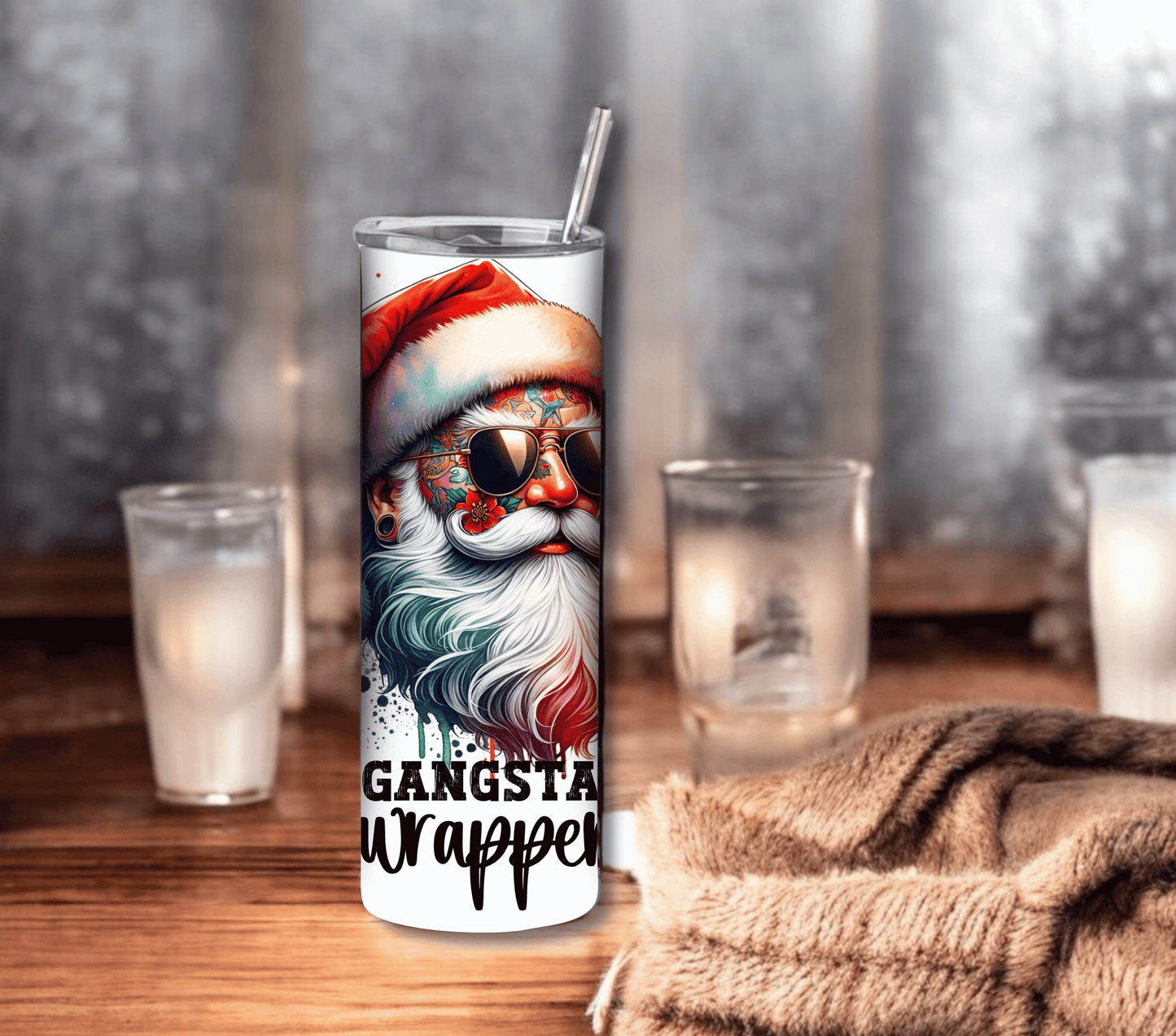 Gangsta Wrapper - Christmas 20 oz Skinny Tumbler with Straw - Stainless Steel, Eco-Friendly, Reusable Metal Straw - Lid Drink Drinkware Water Bottles