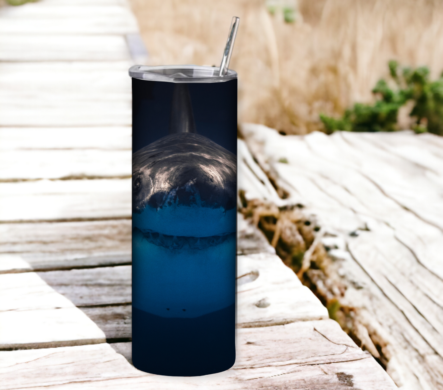 Shark 20 oz Skinny Tumbler with Straw - Stainless Steel, Eco-Friendly, Reusable Metal Straw - Lid Drink Drinkware Water Bottles