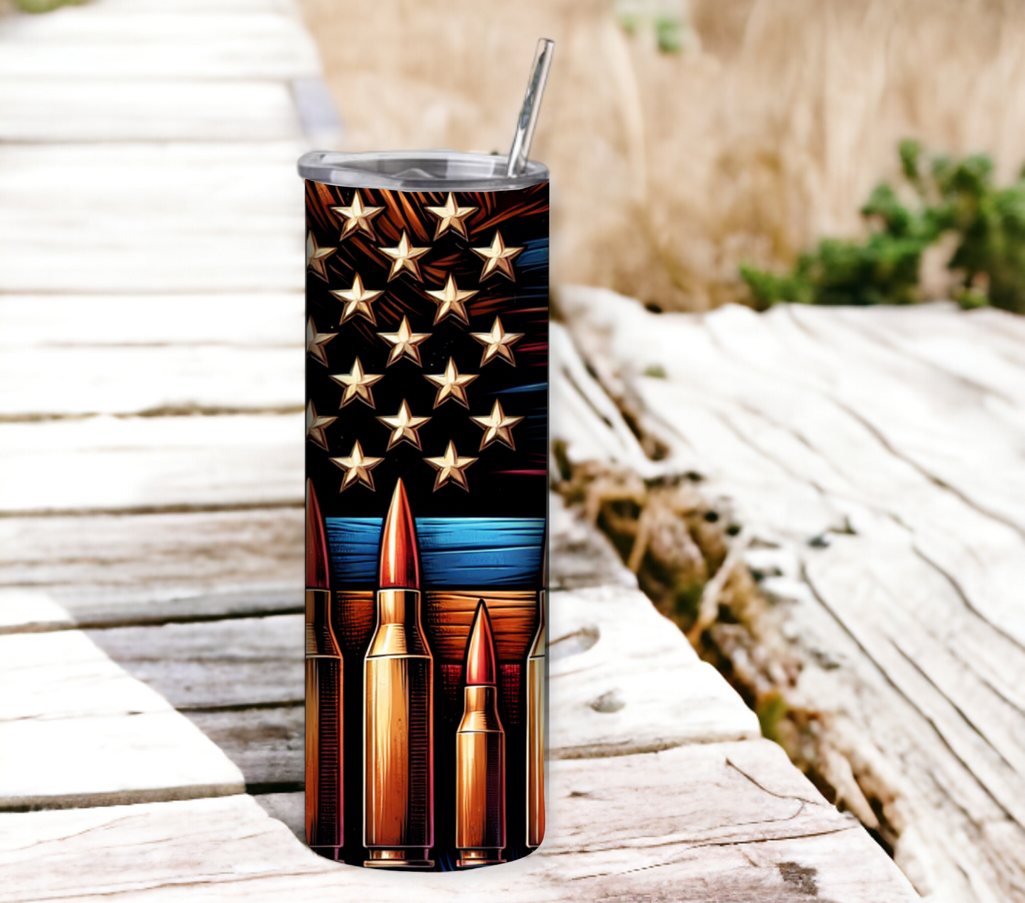 American Flag & Ammo 20 oz Skinny Tumbler with Straw - Stainless Steel, Eco-Friendly, Reusable Metal Straw - Lid Drink Drinkware Water Bottles