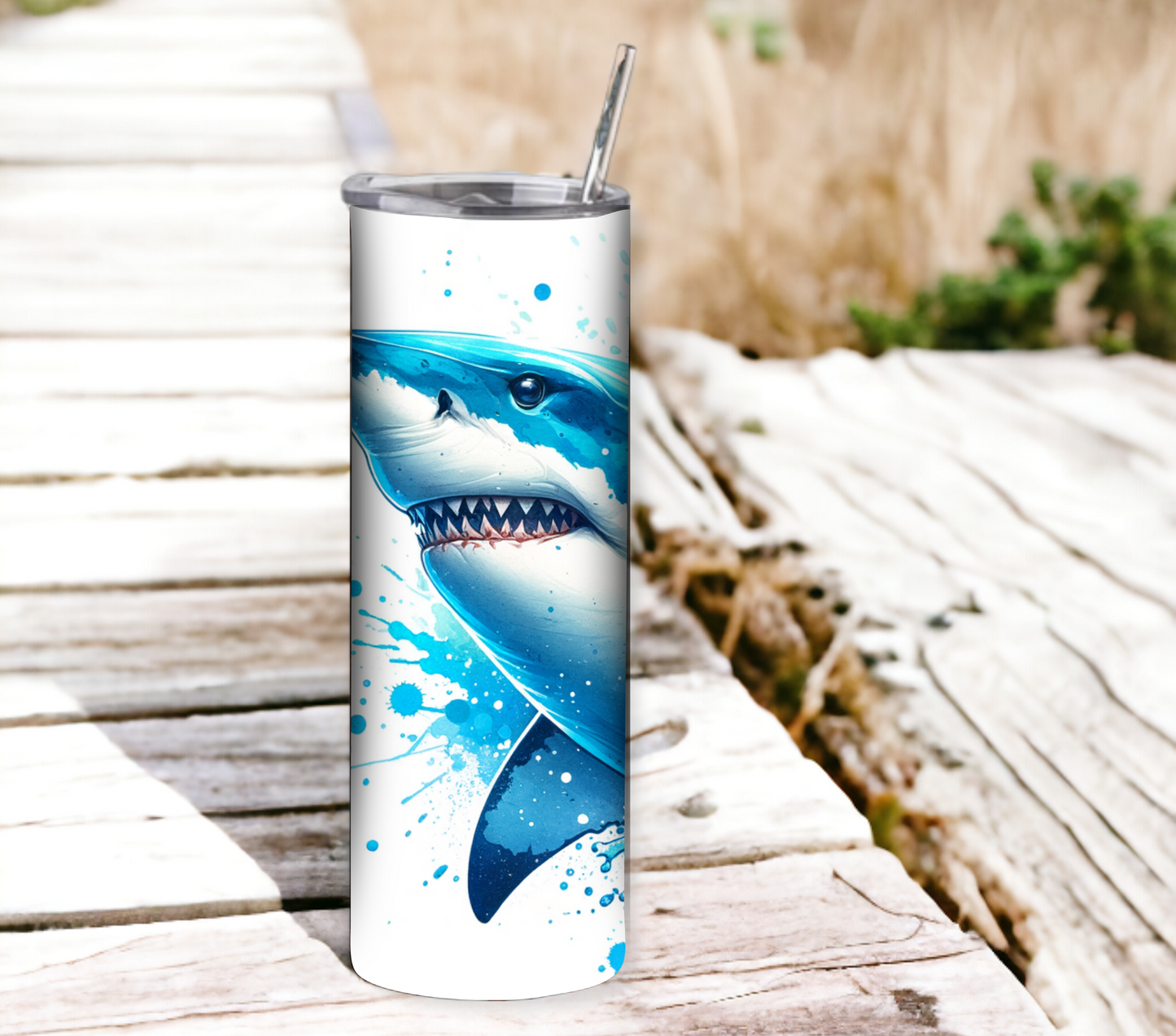 Shark 20 oz Skinny Tumbler with Straw - Stainless Steel, Eco-Friendly, Reusable Metal Straw - Lid Drink Drinkware Water Bottles