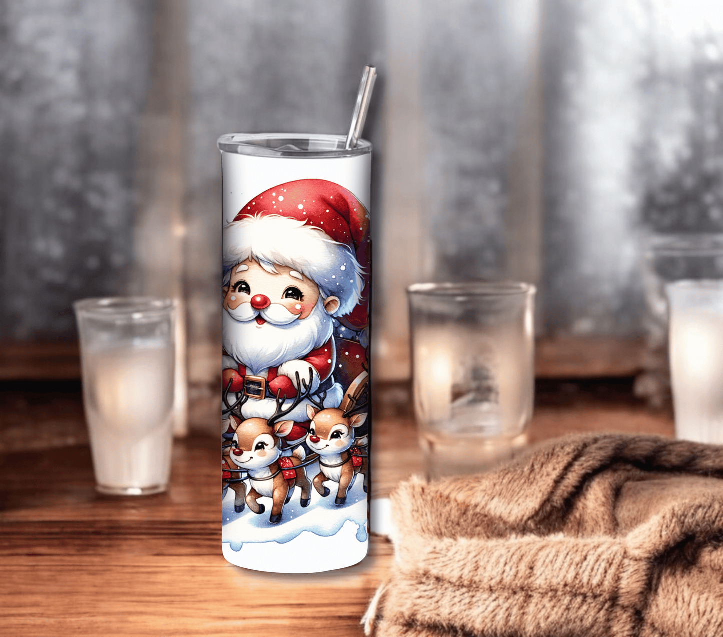 Santa with Sleigh - Christmas 20 oz Skinny Tumbler with Straw - Stainless Steel, Eco-Friendly, Reusable Metal Straw - Lid Drink Drinkware Water Bottles