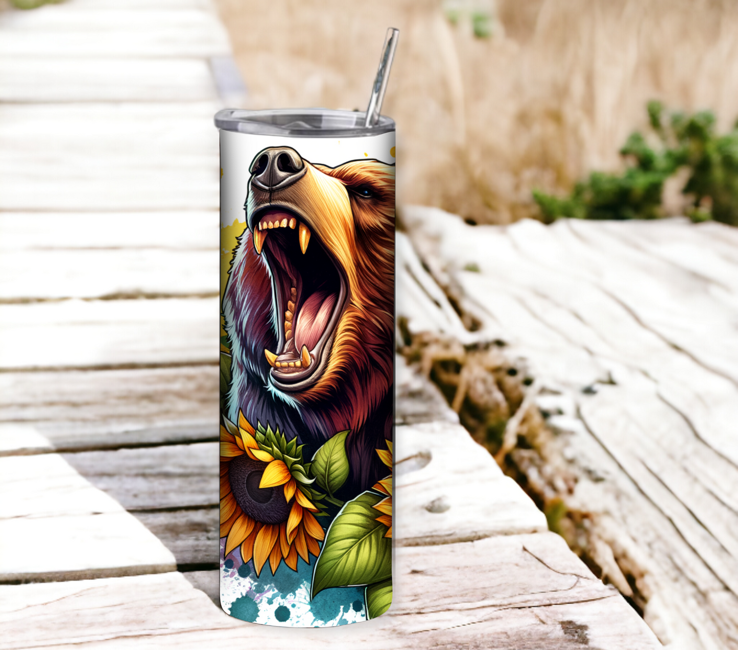 Bear with Sunflowers 20 oz Skinny Tumbler with Straw - Stainless Steel, Eco-Friendly, Reusable Metal Straw - Lid Drink Drinkware Water Bottles