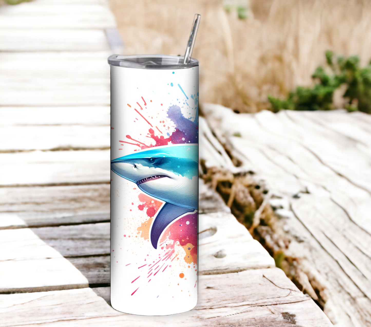 Shark 20 oz Skinny Tumbler with Straw - Stainless Steel, Eco-Friendly, Reusable Metal Straw - Lid Drink Drinkware Water Bottles