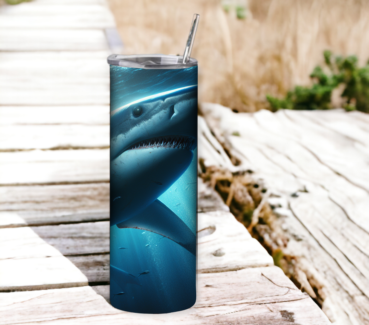 Shark 20 oz Skinny Tumbler with Straw - Stainless Steel, Eco-Friendly, Reusable Metal Straw - Lid Drink Drinkware Water Bottles