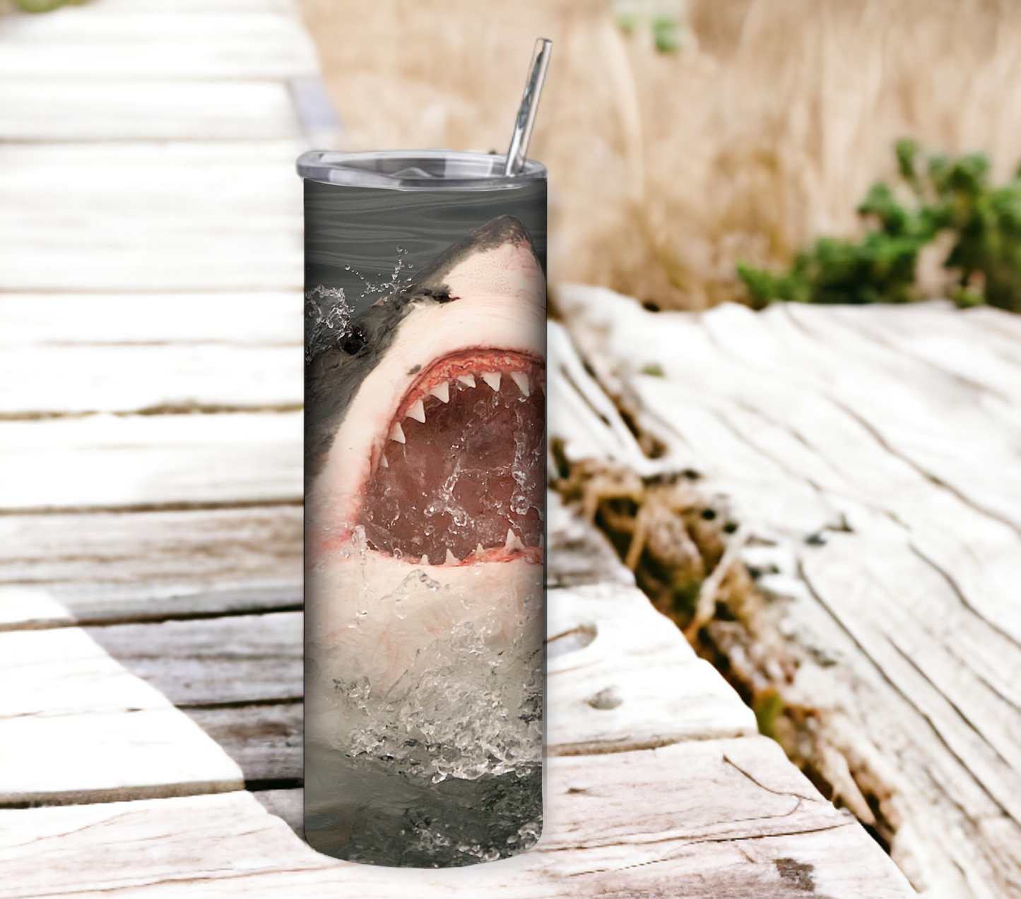 Shark 20 oz Skinny Tumbler with Straw - Stainless Steel, Eco-Friendly, Reusable Metal Straw - Lid Drink Drinkware Water Bottles