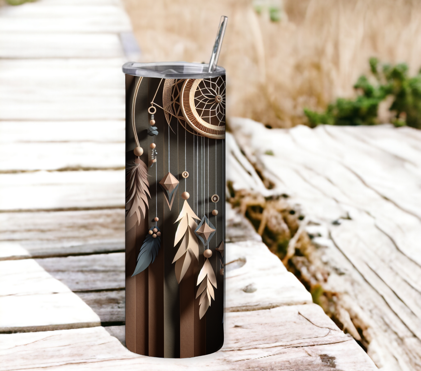 Dreamcatcher 20 oz Skinny Tumbler with Straw - Stainless Steel, Eco-Friendly, Reusable Metal Straw - Lid Drink Drinkware Water Bottles