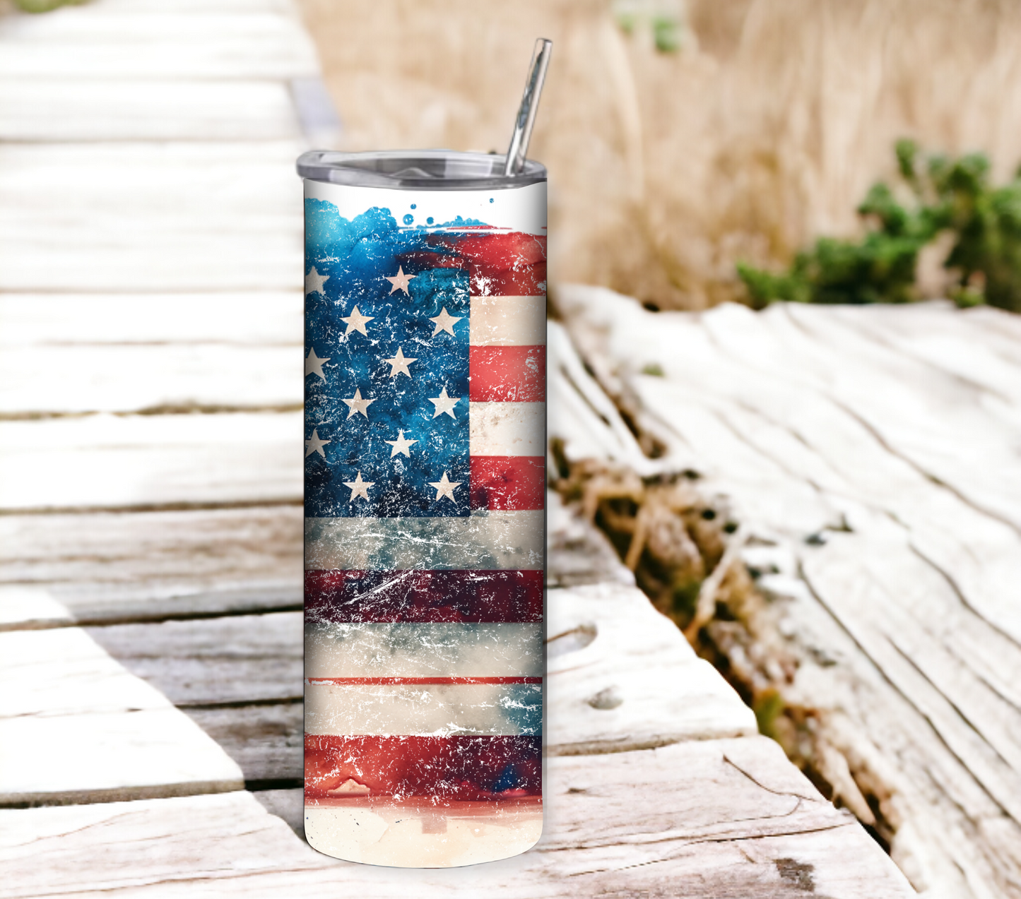 American Flag  20 oz Skinny Tumbler with Straw - Stainless Steel, Eco-Friendly, Reusable Metal Straw - Lid Drink Drinkware Water Bottles