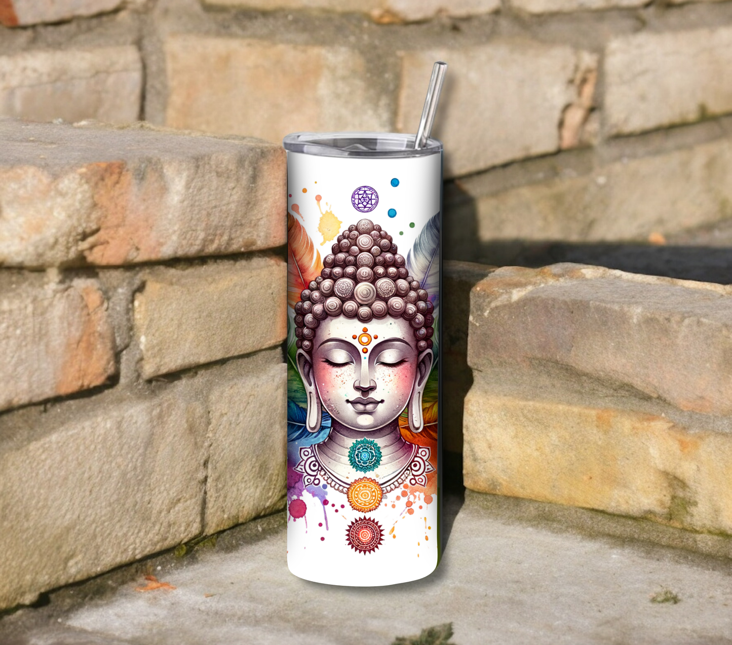 Buddha with Chakras and Feathers 20 oz Skinny Tumbler with Straw - Stainless Steel, Eco-Friendly, Reusable Metal Straw - Lid Drink Drinkware Water Bottles