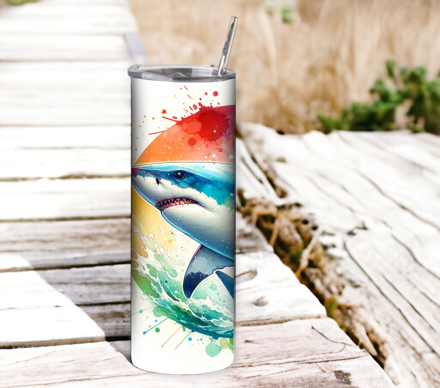 Shark 20 oz Skinny Tumbler with Straw - Stainless Steel, Eco-Friendly, Reusable Metal Straw - Lid Drink Drinkware Water Bottles