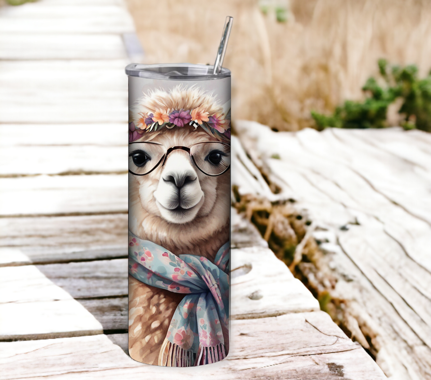 Alpaca 20 oz Skinny Tumbler with Straw - Stainless Steel, Eco-Friendly, Reusable Metal Straw - Lid Drink Drinkware Water Bottles
