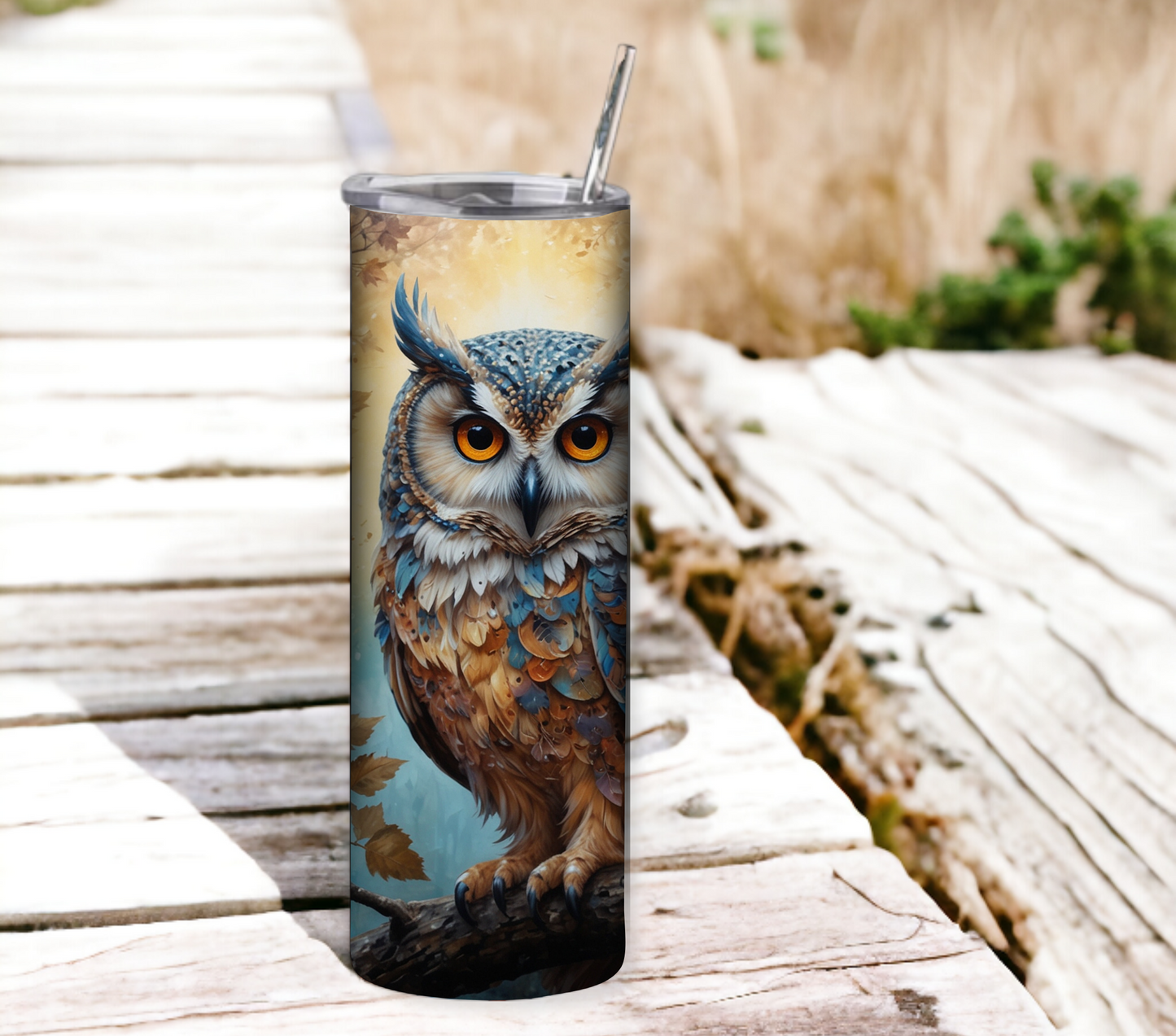 Owl 20 oz Skinny Tumbler with Straw - Stainless Steel, Eco-Friendly, Reusable Metal Straw - Lid Drink Drinkware Water Bottles