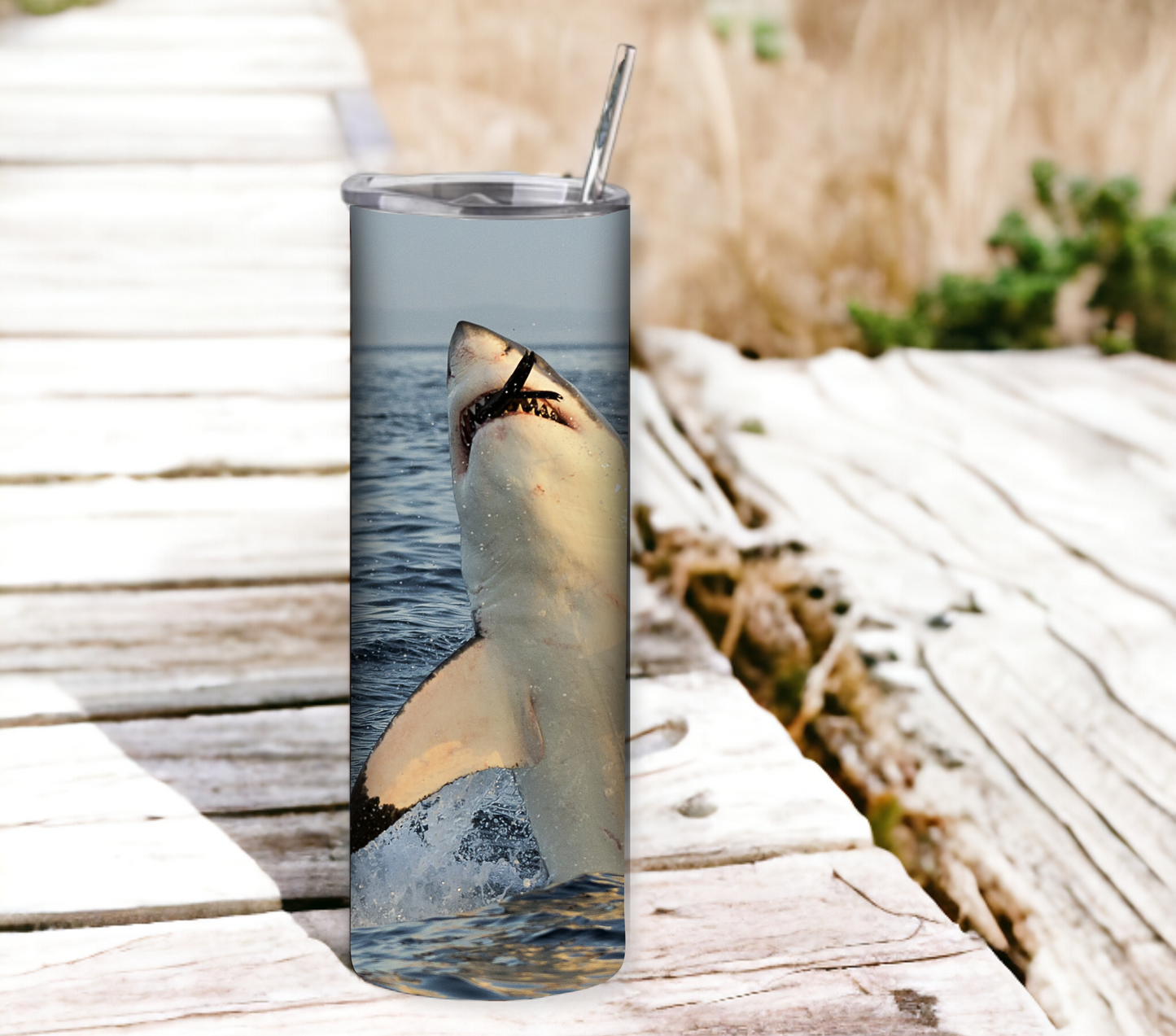 Shark 20 oz Skinny Tumbler with Straw - Stainless Steel, Eco-Friendly, Reusable Metal Straw - Lid Drink Drinkware Water Bottles