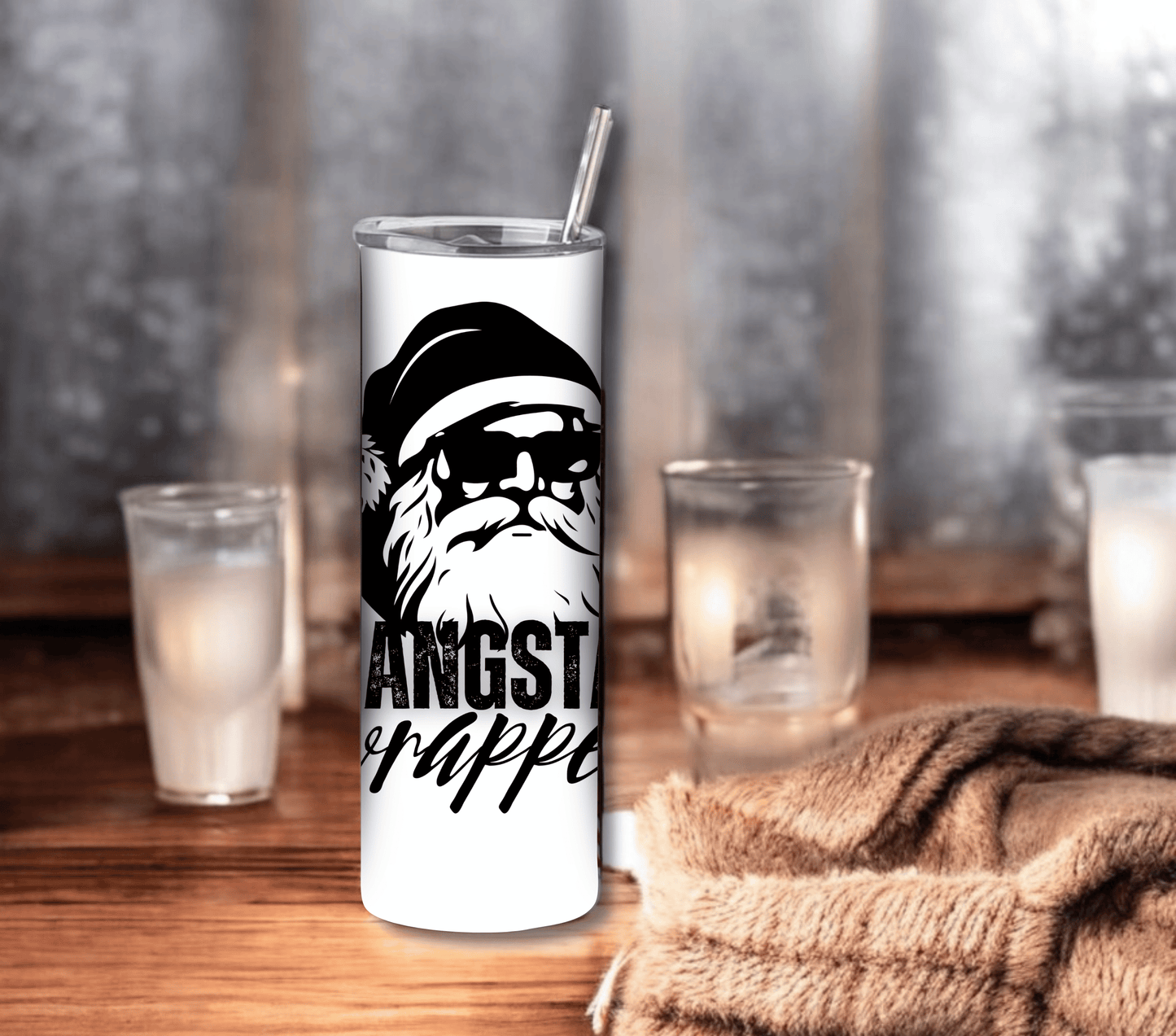 Gangsta Wrapper - Christmas 20 oz Skinny Tumbler with Straw - Stainless Steel, Eco-Friendly, Reusable Metal Straw - Lid Drink Drinkware Water Bottles