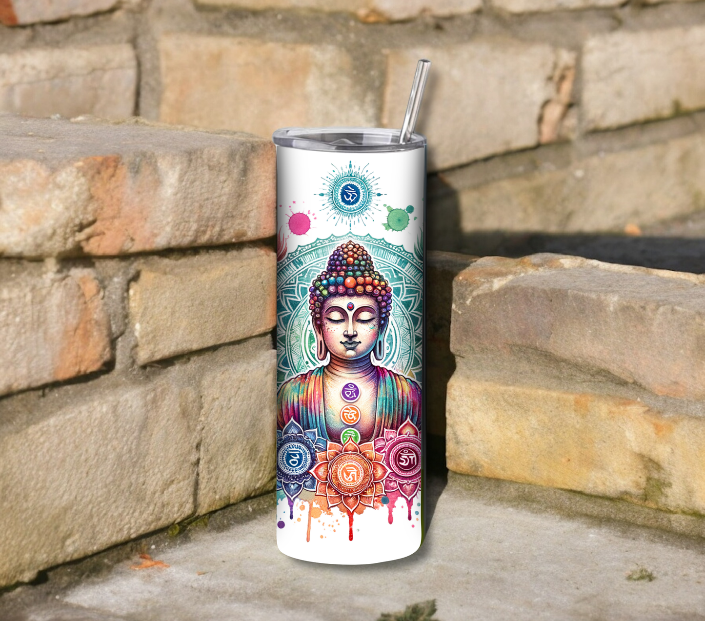 Buddha with Chakras and Feathers 20 oz Skinny Tumbler with Straw - Stainless Steel, Eco-Friendly, Reusable Metal Straw - Lid Drink Drinkware Water Bottles
