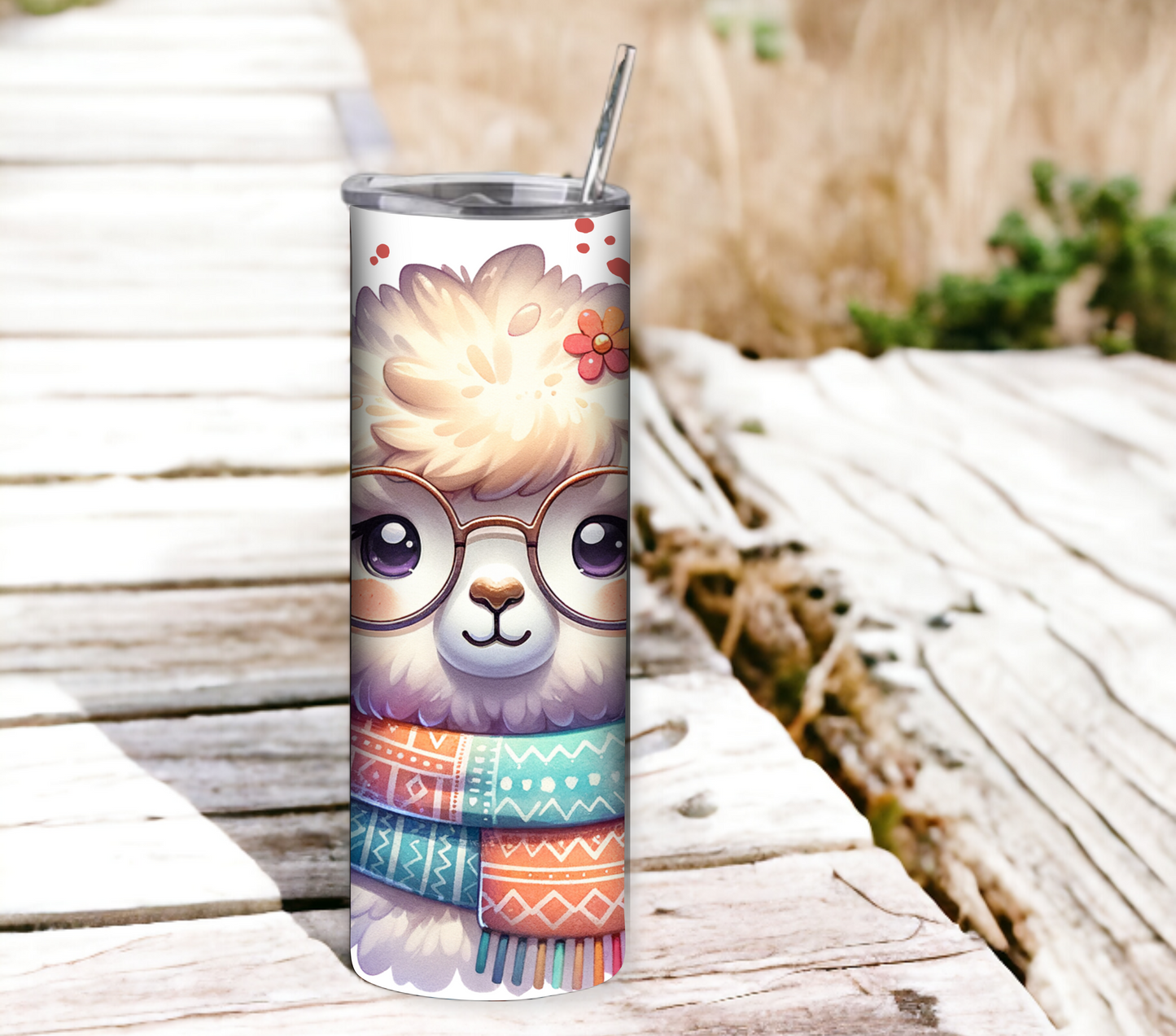 Alpaca 20 oz Skinny Tumbler with Straw - Stainless Steel, Eco-Friendly, Reusable Metal Straw - Lid Drink Drinkware Water Bottles