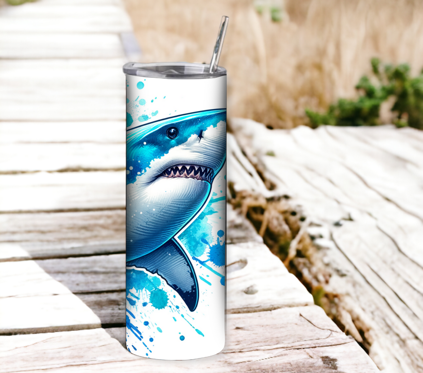 Shark 20 oz Skinny Tumbler with Straw - Stainless Steel, Eco-Friendly, Reusable Metal Straw - Lid Drink Drinkware Water Bottles