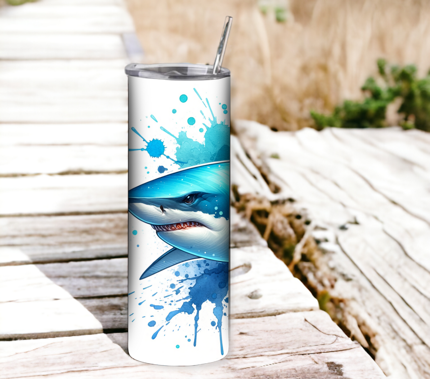 Shark 20 oz Skinny Tumbler with Straw - Stainless Steel, Eco-Friendly, Reusable Metal Straw - Lid Drink Drinkware Water Bottles