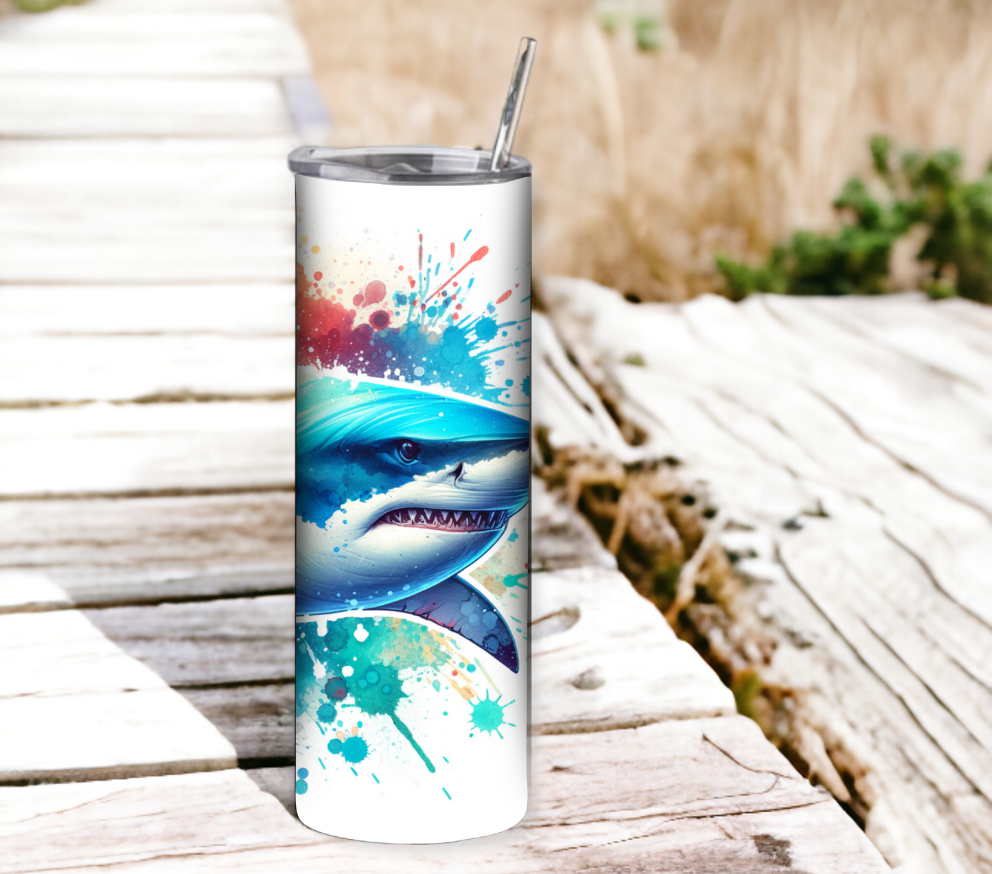 Shark 20 oz Skinny Tumbler with Straw - Stainless Steel, Eco-Friendly, Reusable Metal Straw - Lid Drink Drinkware Water Bottles