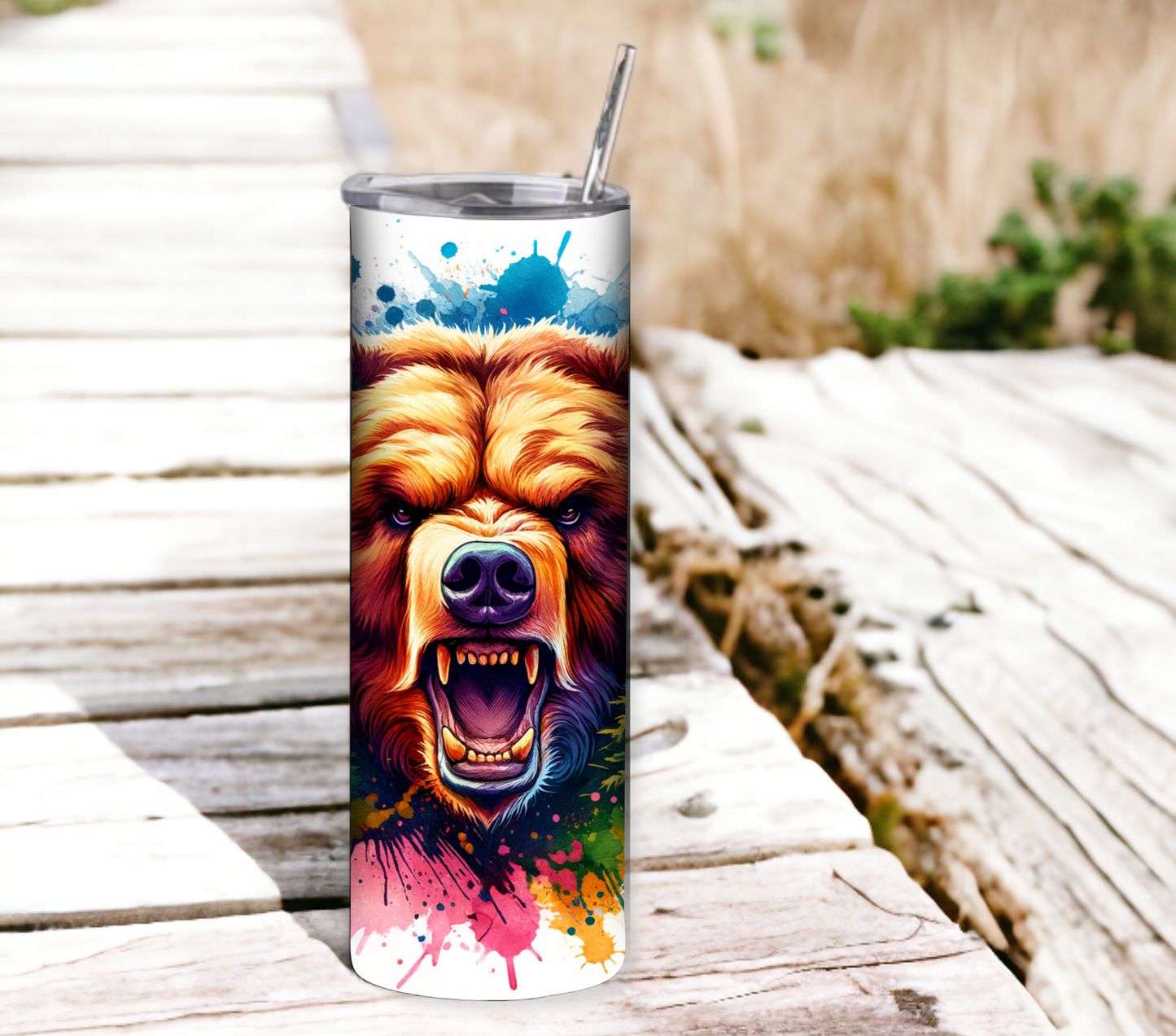 Bear in the Forest 20 oz Skinny Tumbler with Straw - Stainless Steel, Eco-Friendly, Reusable Metal Straw - Lid Drink Drinkware Water Bottles