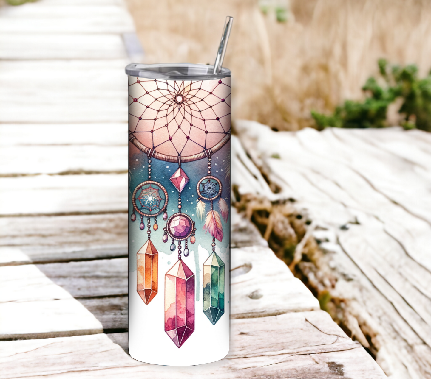 Dreamcatcher 20 oz Skinny Tumbler with Straw - Stainless Steel, Eco-Friendly, Reusable Metal Straw - Lid Drink Drinkware Water Bottles