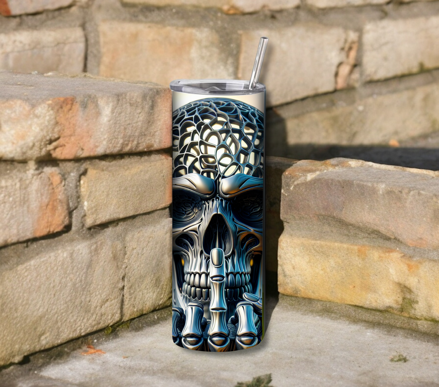Funny Middle Finger Skull 20 oz Skinny Tumbler with Straw - Stainless Steel, Eco-Friendly, Reusable Metal Straw - Lid Drink Drinkware Water Bottles