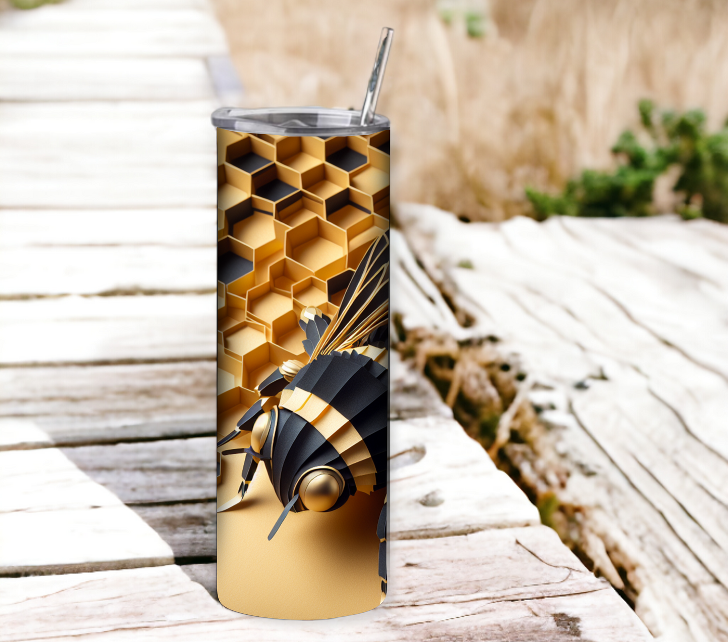 3D Bee with Honeycomb 20 oz Skinny Tumbler with Straw - Stainless Steel, Eco-Friendly, Reusable Metal Straw - Lid Drink Drinkware Water Bottles