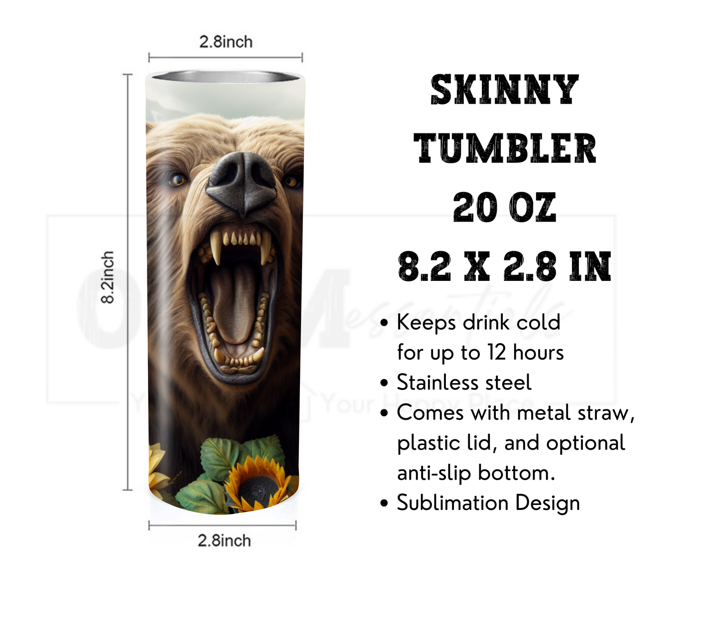 Bear with Sunflowers 20 oz Skinny Tumbler with Straw - Stainless Steel, Eco-Friendly, Reusable Metal Straw - Lid Drink Drinkware Water Bottles