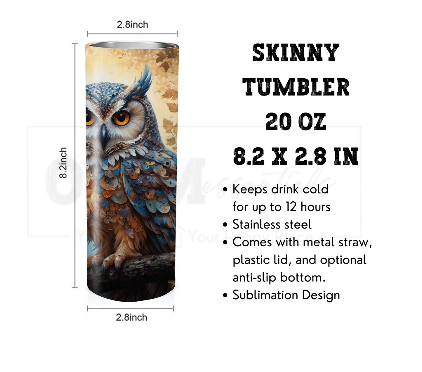 Owl 20 oz Skinny Tumbler with Straw - Stainless Steel, Eco-Friendly, Reusable Metal Straw - Lid Drink Drinkware Water Bottles
