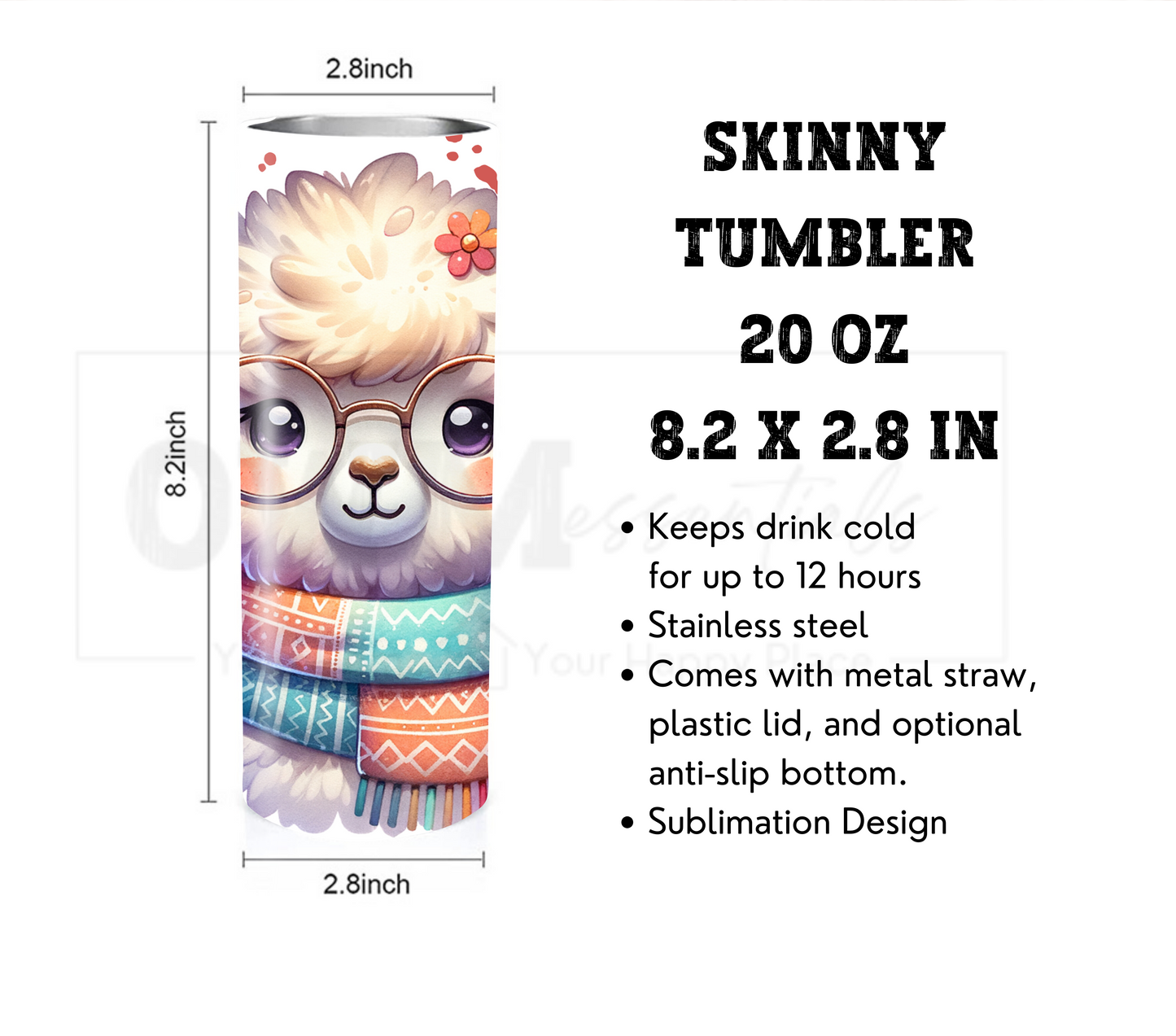 Alpaca 20 oz Skinny Tumbler with Straw - Stainless Steel, Eco-Friendly, Reusable Metal Straw - Lid Drink Drinkware Water Bottles