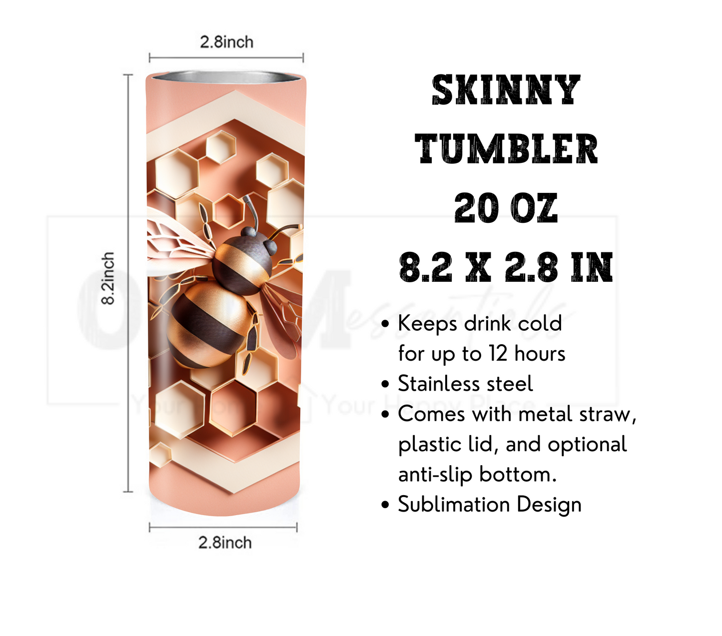 3D Bee with Honeycomb - PINK 20 oz Skinny Tumbler with Straw - Stainless Steel, Eco-Friendly, Reusable Metal Straw - Lid Drink Drinkware Water Bottles
