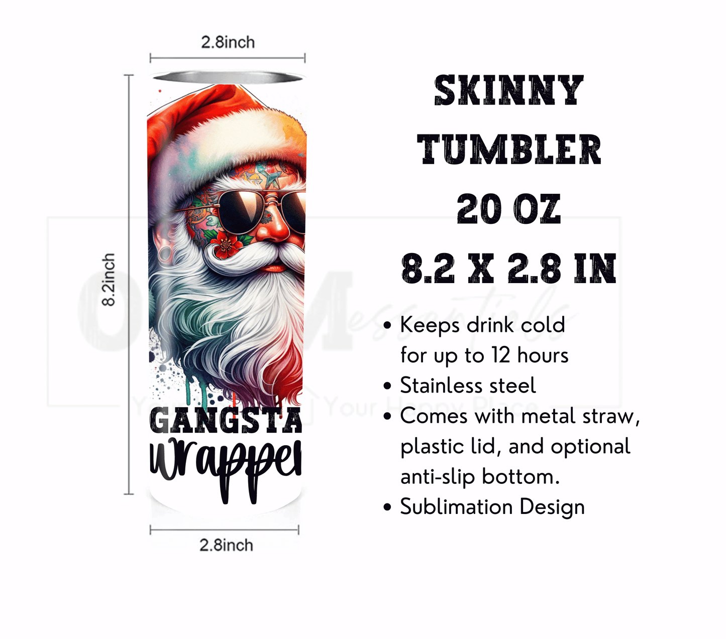Gangsta Wrapper - Christmas 20 oz Skinny Tumbler with Straw - Stainless Steel, Eco-Friendly, Reusable Metal Straw - Lid Drink Drinkware Water Bottles