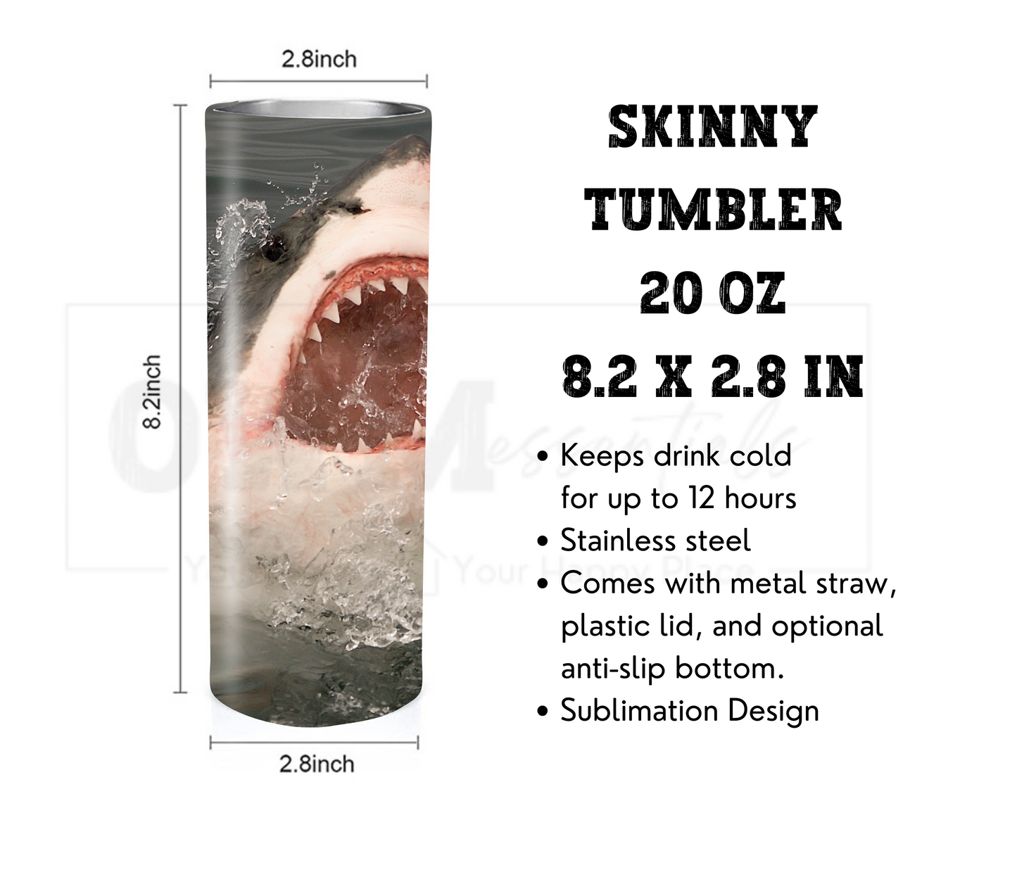 Shark 20 oz Skinny Tumbler with Straw - Stainless Steel, Eco-Friendly, Reusable Metal Straw - Lid Drink Drinkware Water Bottles