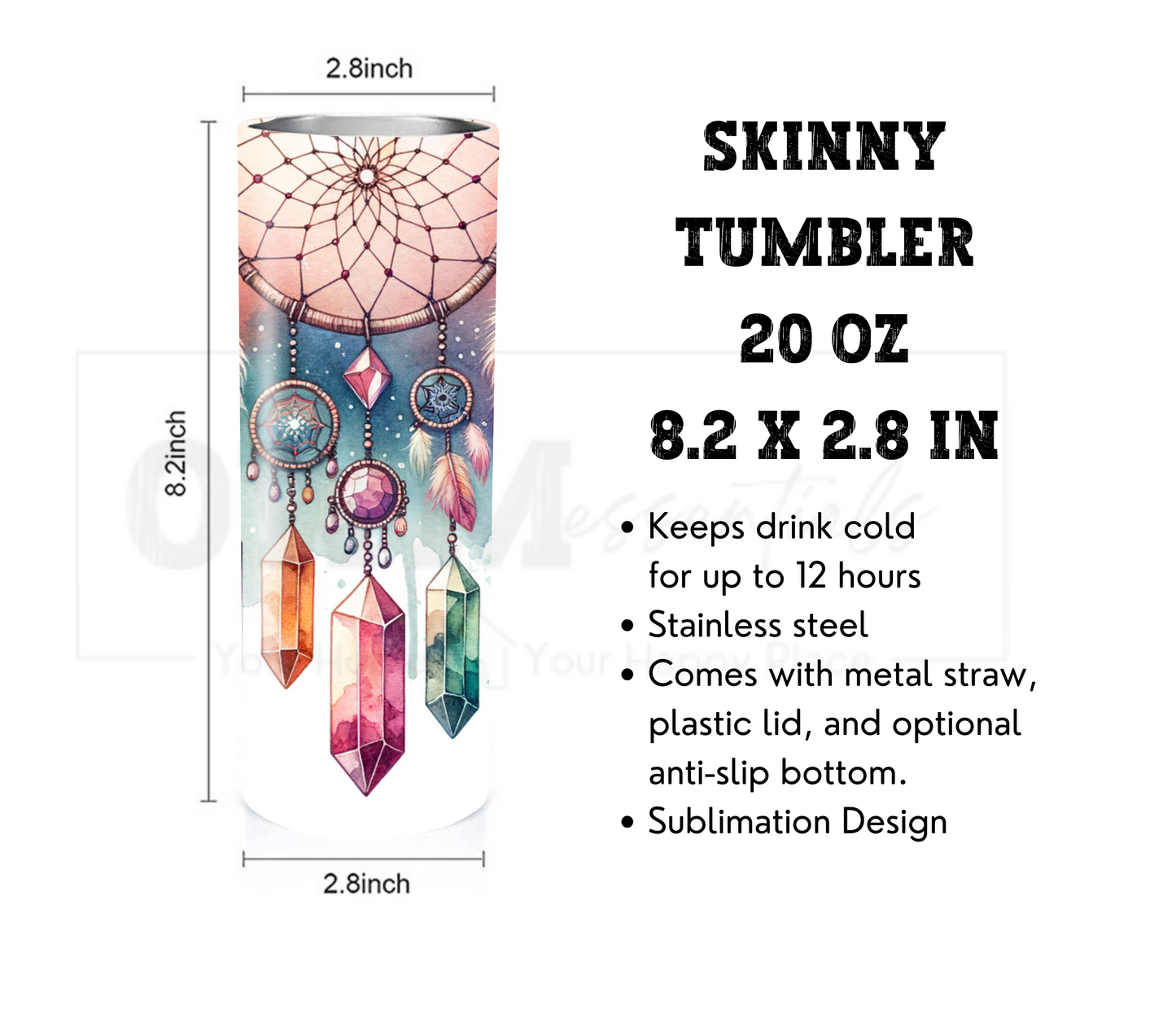 Dreamcatcher 20 oz Skinny Tumbler with Straw - Stainless Steel, Eco-Friendly, Reusable Metal Straw - Lid Drink Drinkware Water Bottles