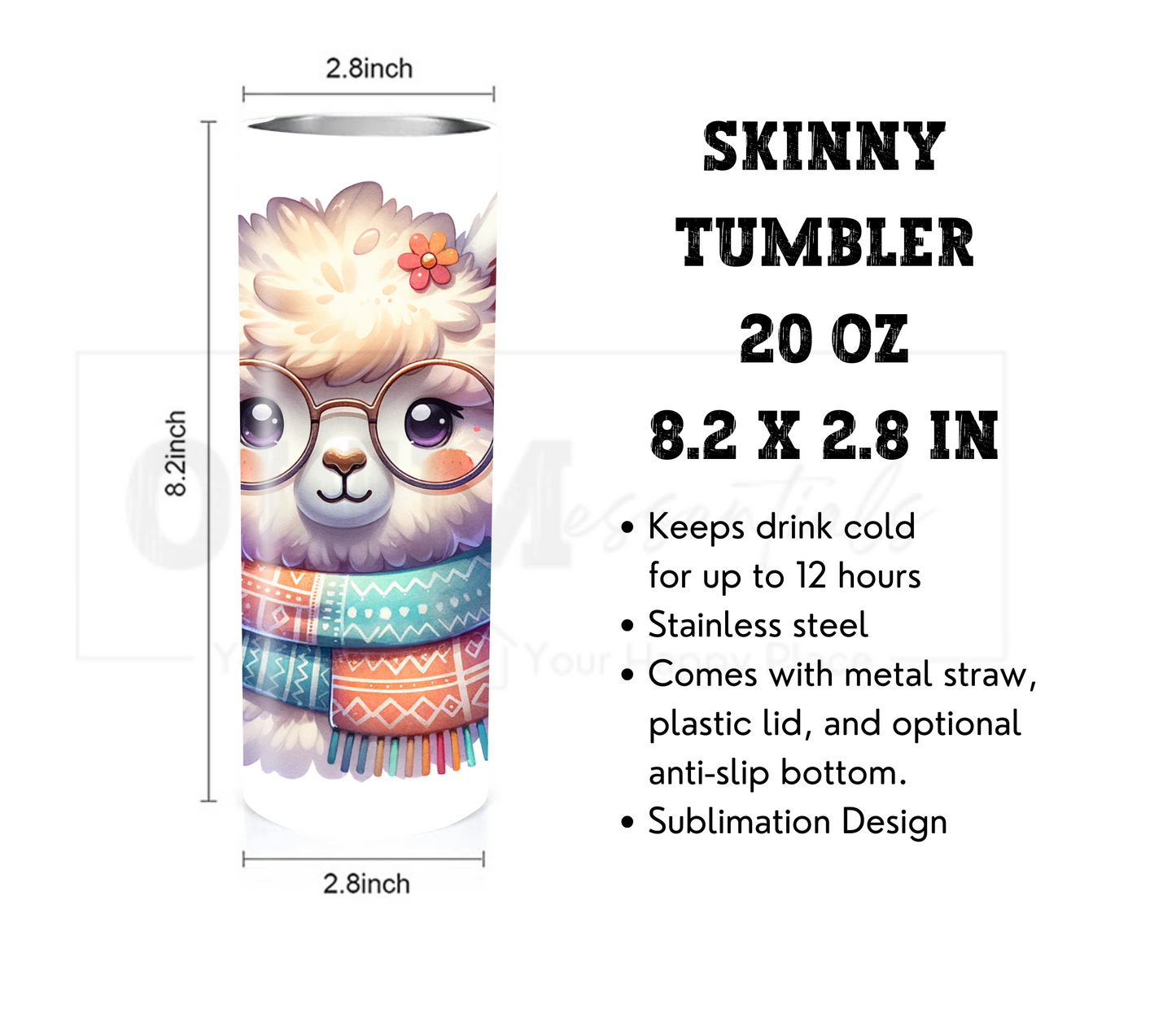 Alpaca 20 oz Skinny Tumbler with Straw - Stainless Steel, Eco-Friendly, Reusable Metal Straw - Lid Drink Drinkware Water Bottles