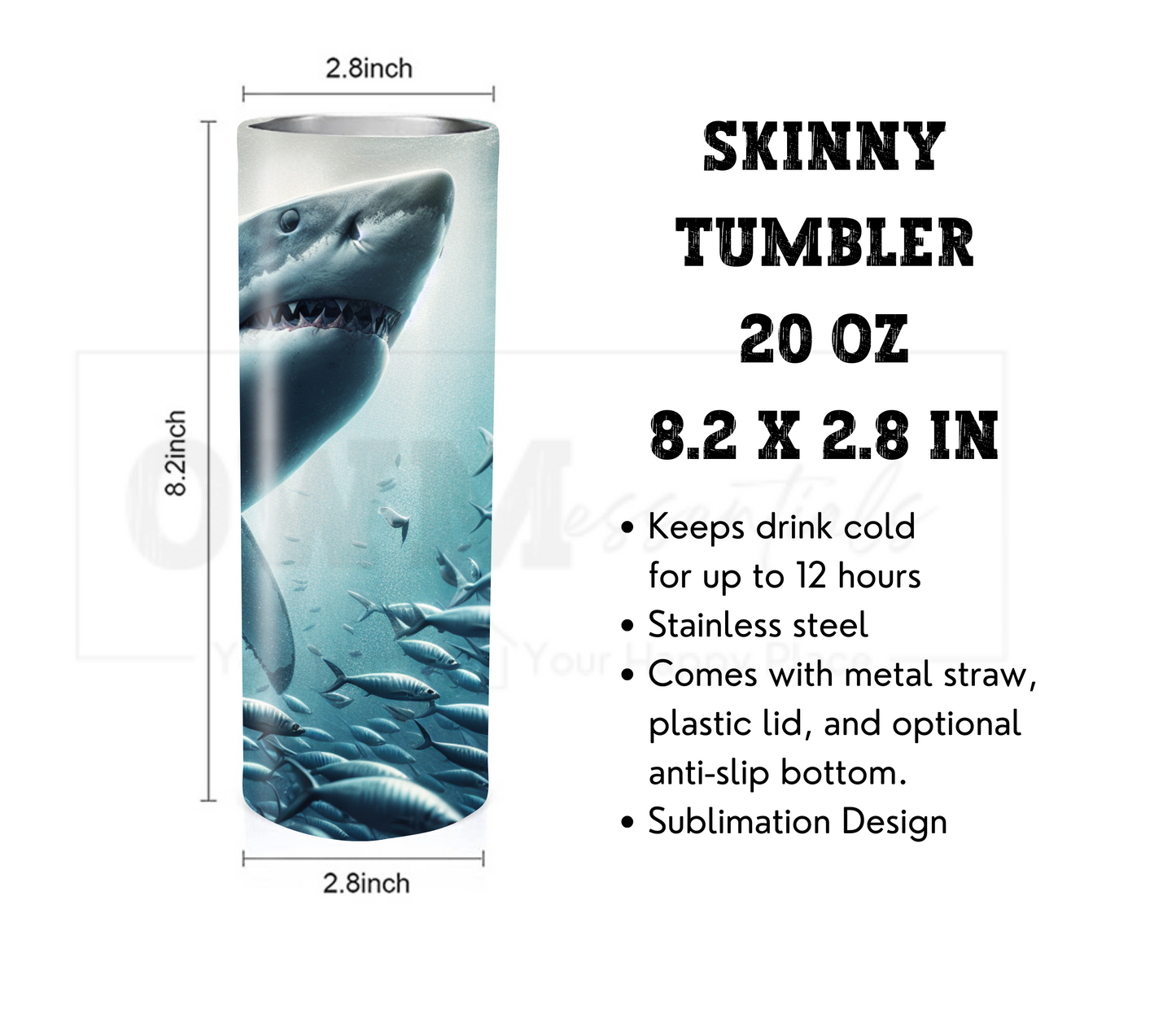 Shark 20 oz Skinny Tumbler with Straw - Stainless Steel, Eco-Friendly, Reusable Metal Straw - Lid Drink Drinkware Water Bottles