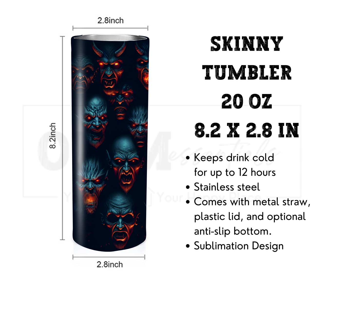 Demons in Hell 20 oz Skinny Tumbler with Straw - Stainless Steel, Eco-Friendly, Reusable Metal Straw - Lid Drink Drinkware Water Bottles