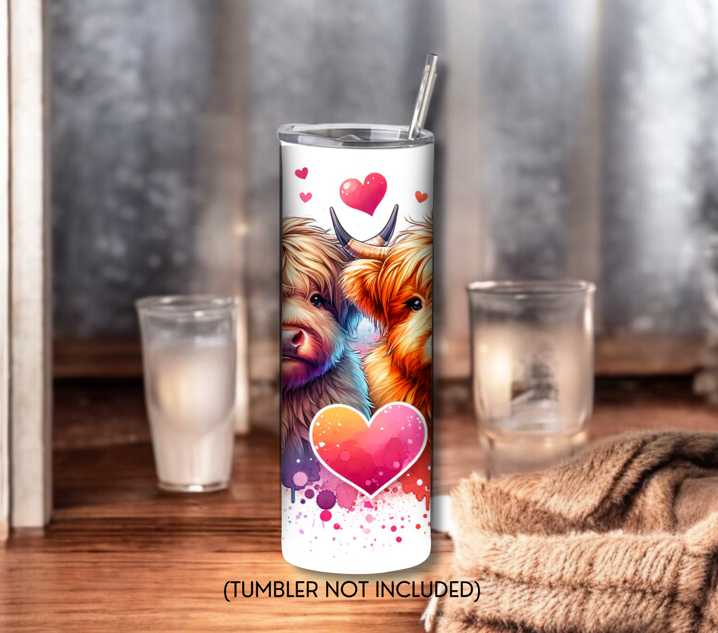 Highland Cow Hearts 20 oz Skinny Tumbler Sublimation Design - PNG Instant  - DIGITAL DOWNLOAD